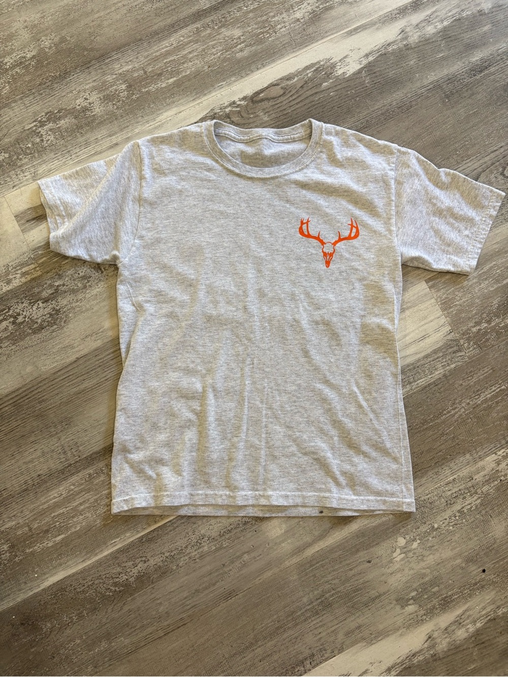 Heather Gray Tee with Orange Deer Skull Graphic
